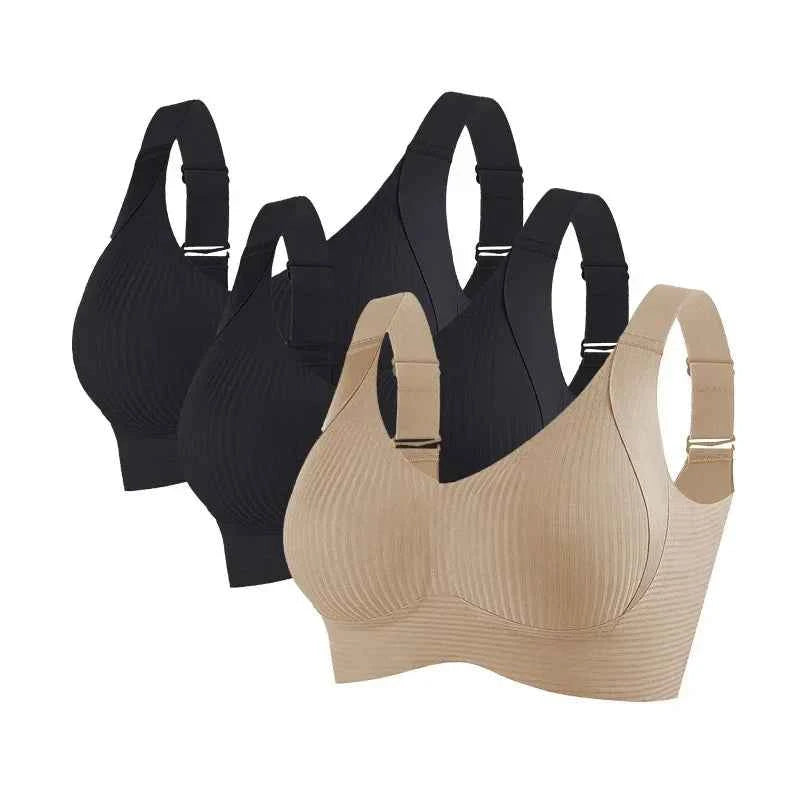 3-Piece Wireless Push-Up Bra Set with Ribbed Texture, V-Neck Design and Adjustable Straps