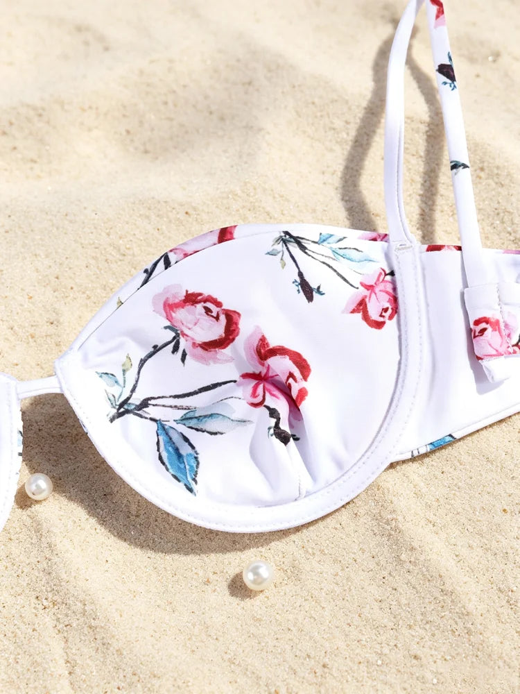 White Floral Print Underwire Bikini Set with Matching Ruffled Sarong Skirt