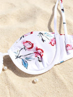 White Floral Print Underwire Bikini Set with Matching Ruffled Sarong Skirt