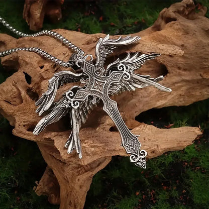Vintage Gothic Angel Wing Cross Pendant Necklace for Alternative Statement Styling