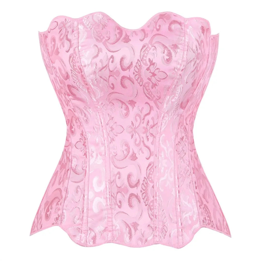 Classic Black Floral Jacquard Overbust Corset with Sweetheart Neckline