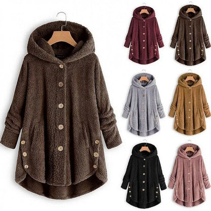 Women's Plush Hooded Teddy Fleece Coat with Button Front for Cozy Winter Layering