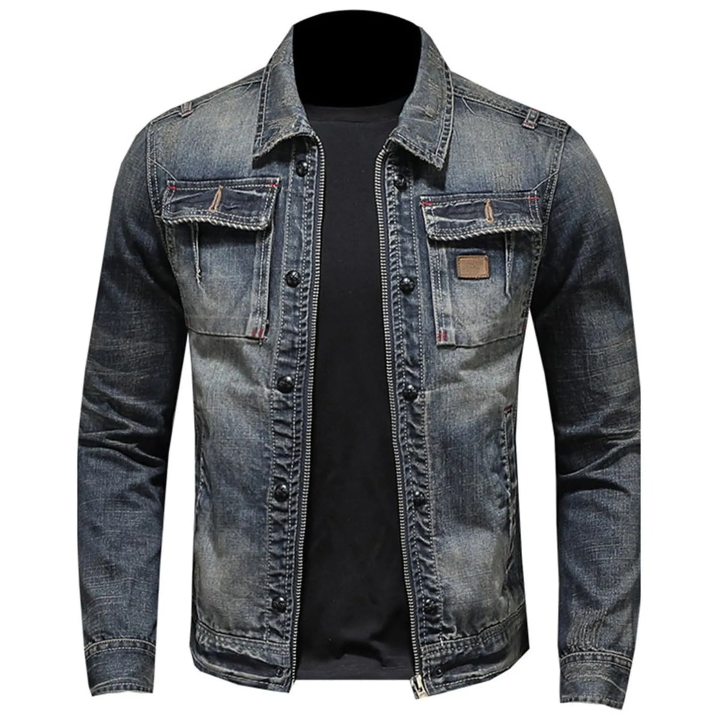 Vintage Washed Denim Layered Hooded Jacket with Padded Streetwear Outerwear Design