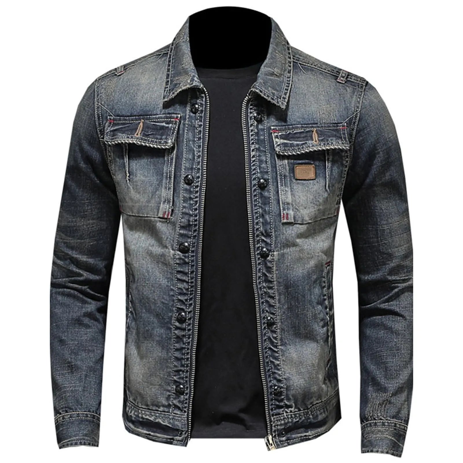 Vintage Washed Denim Layered Hooded Jacket with Padded Streetwear Outerwear Design
