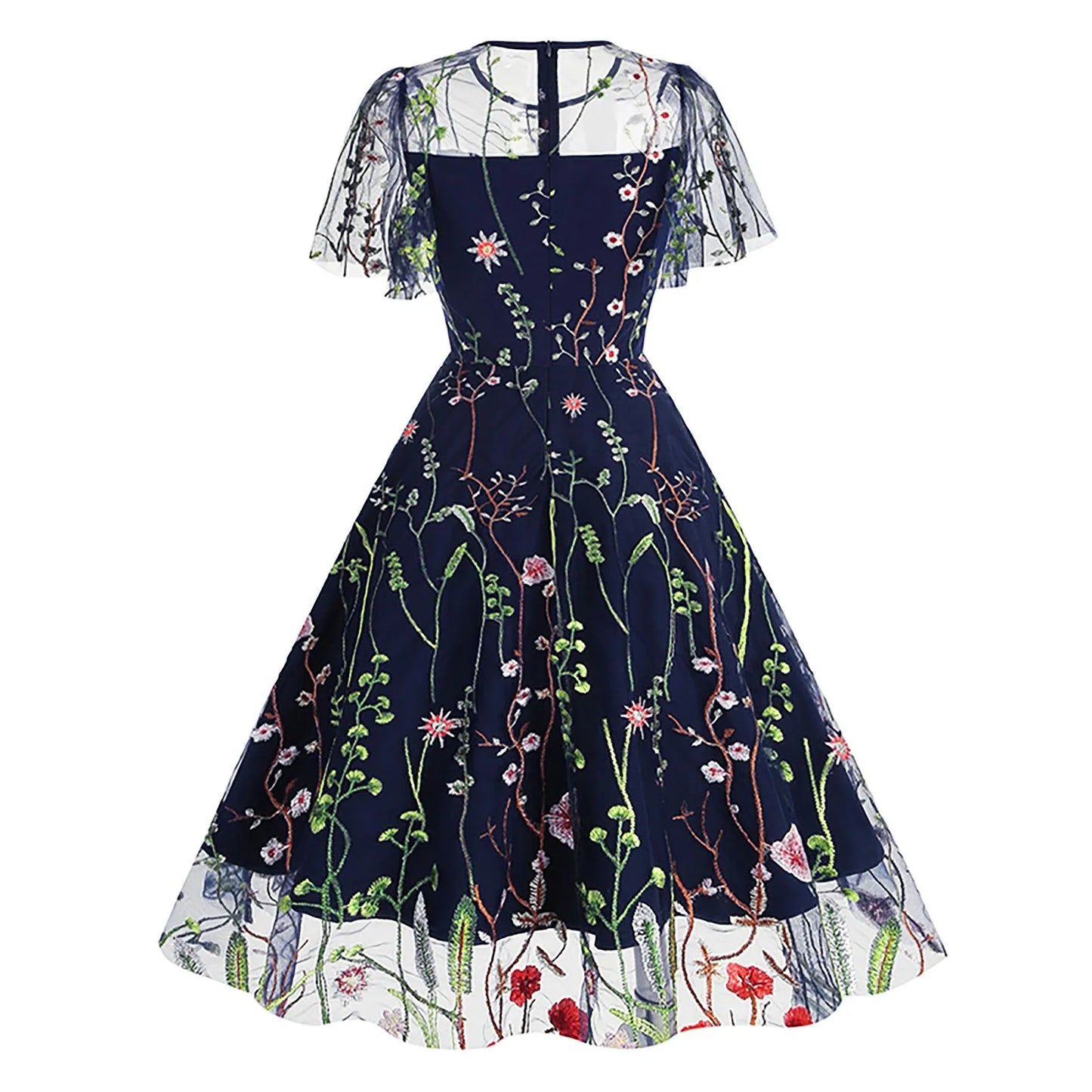Vintage Floral Gothic Midi Dress with Retro Alternative Elegance