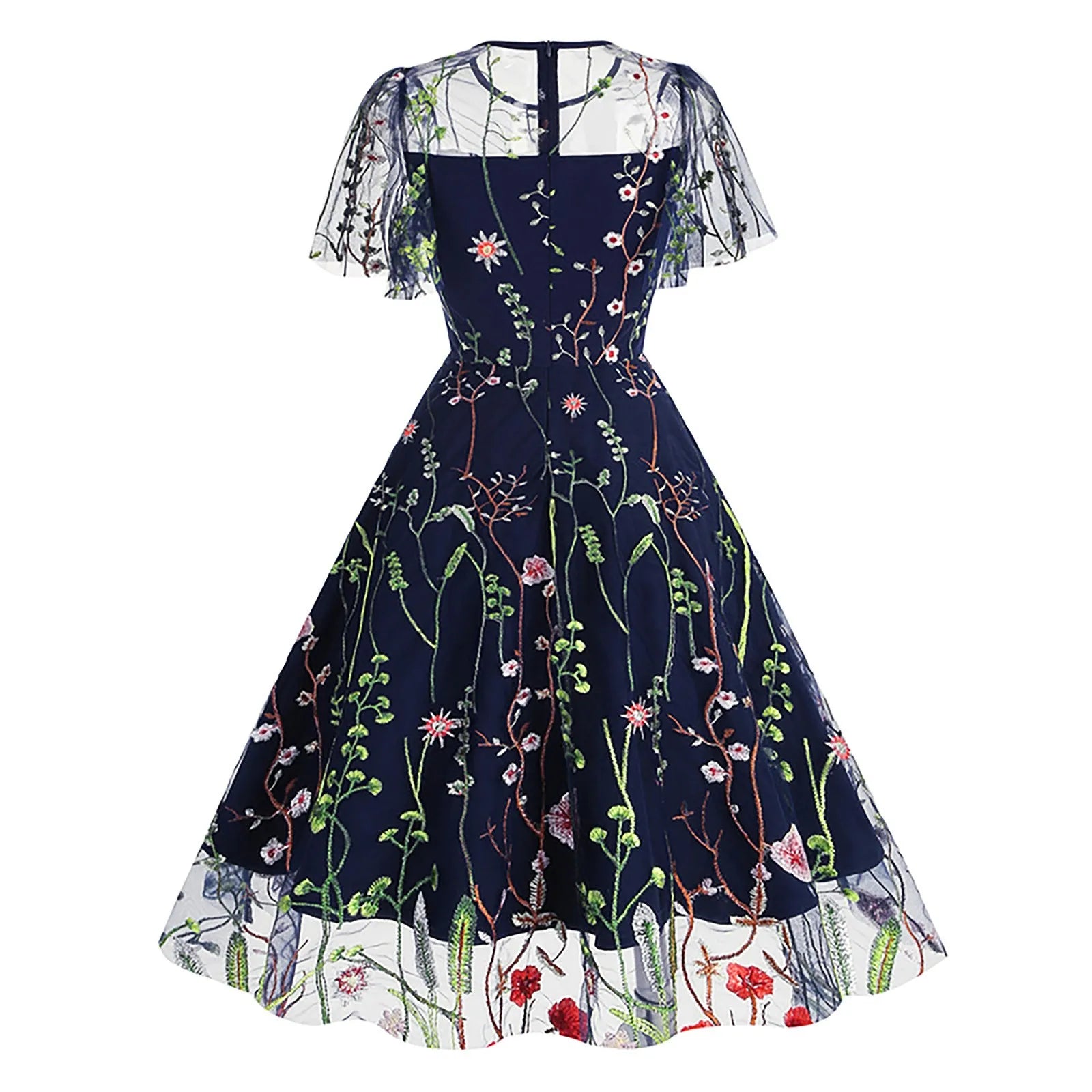 Vintage Floral Gothic Midi Dress with Retro Alternative Elegance