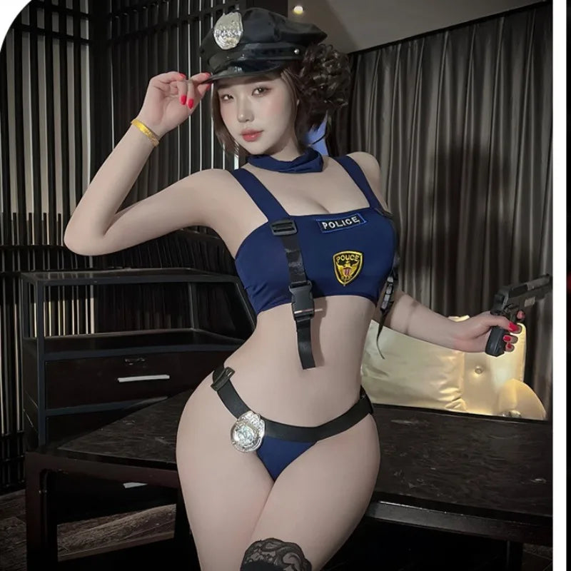 Two-Piece Navy Thematic Crop Top and Panty Set with Harness Details and Cap
