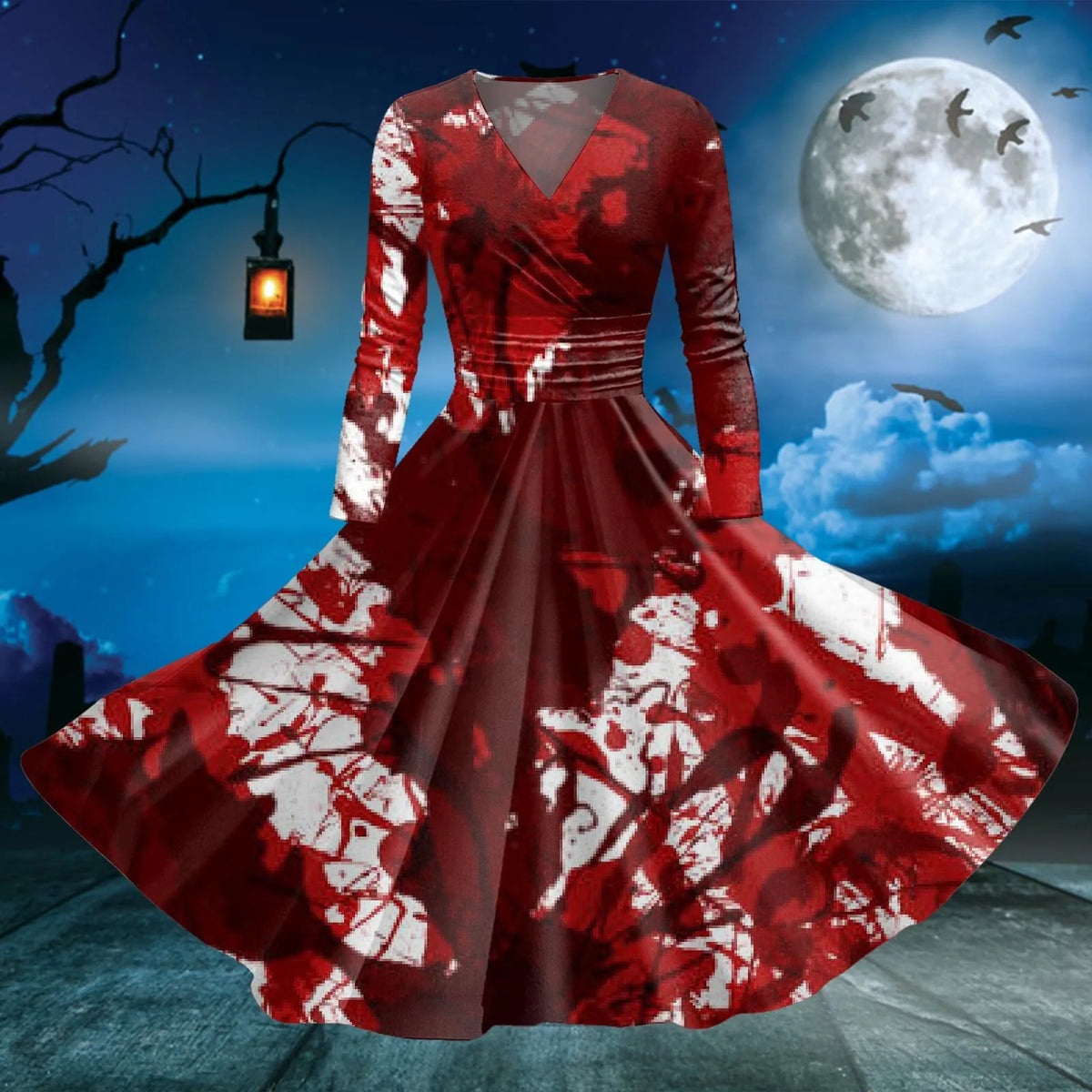 Dark Gothic Blood Print Fit and Flare Alternative Fashion Midi Dress - BigCat Streetwear