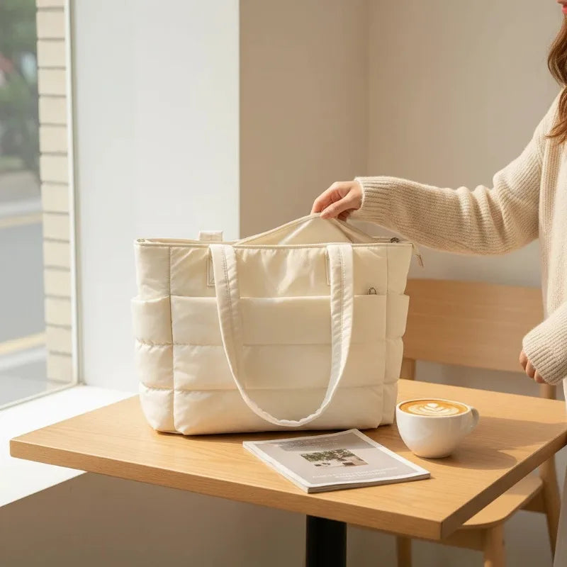 Quilted Cotton Laptop Tote Bag with Multiple Pockets Large Capacity Shoulder Carry