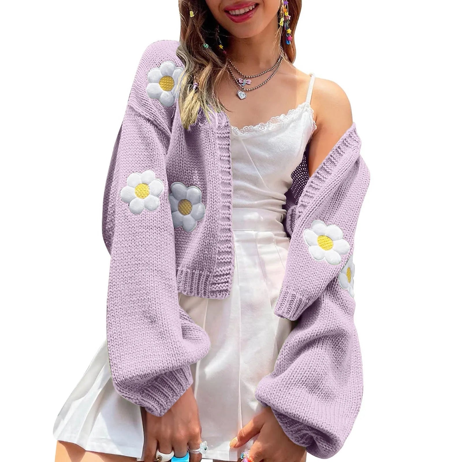 Women's Floral Knit Cardigan Relaxed Fit Contemporary Layering Sweater