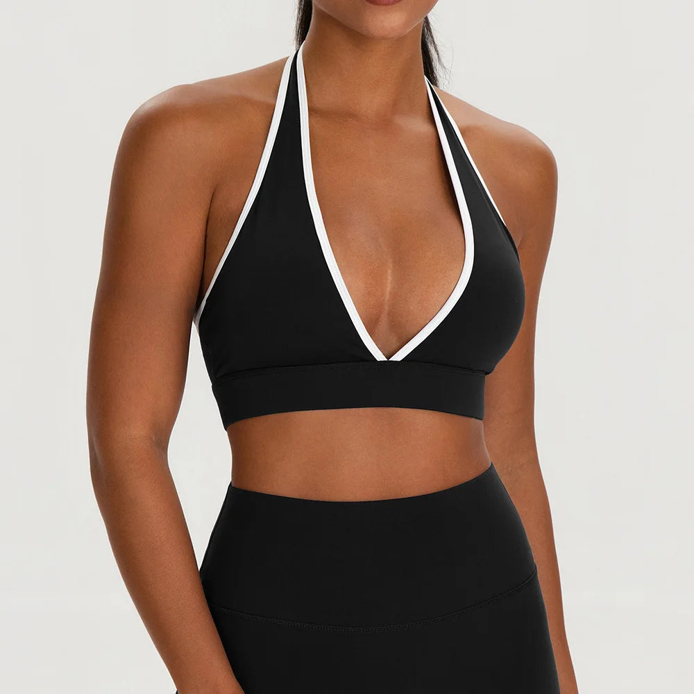 Color-Blocking Deep-V Halter Sports Bra with Contrast Binding