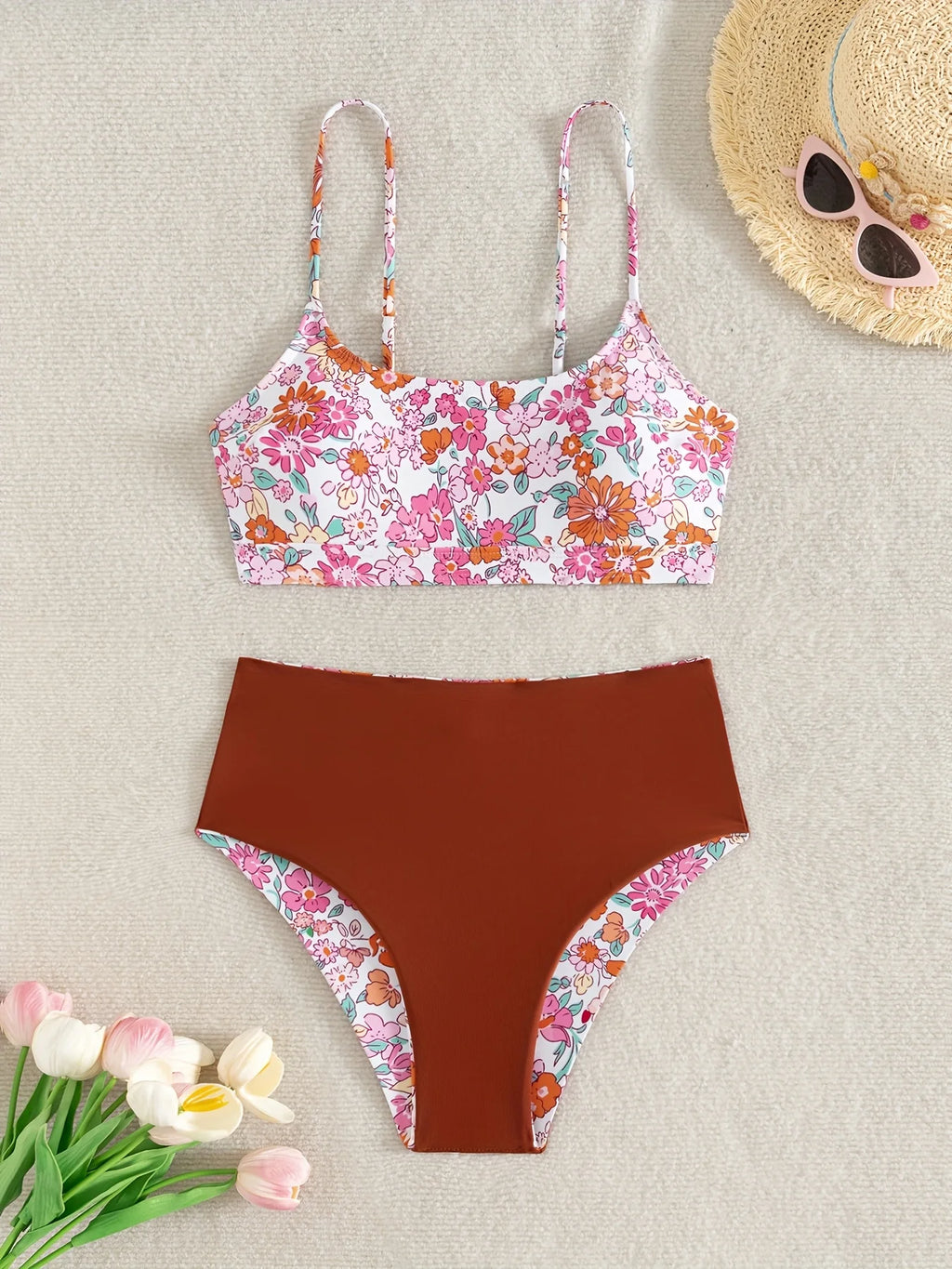 Vintage-Inspired Floral Print High-Waisted Bikini with Bralette Top