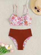 Vintage-Inspired Floral Print High-Waisted Bikini with Bralette Top