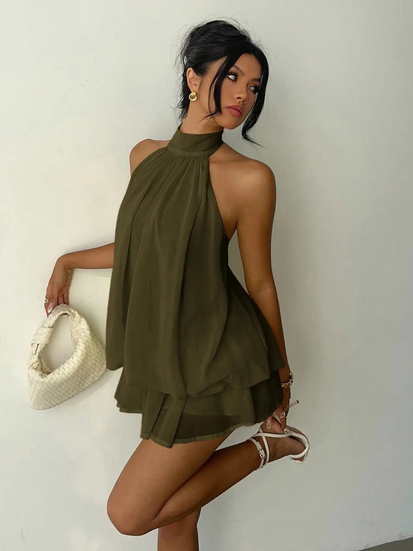 Ruched Halter Neck Tiered Mini Dress With Flowy A-Line Party Silhouette