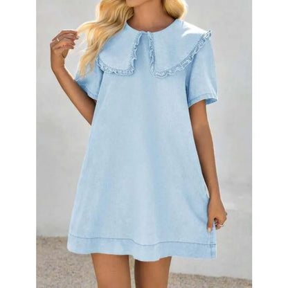 Oversized Collar Babydoll Mini Dress with Short Sleeves and Relaxed Fit