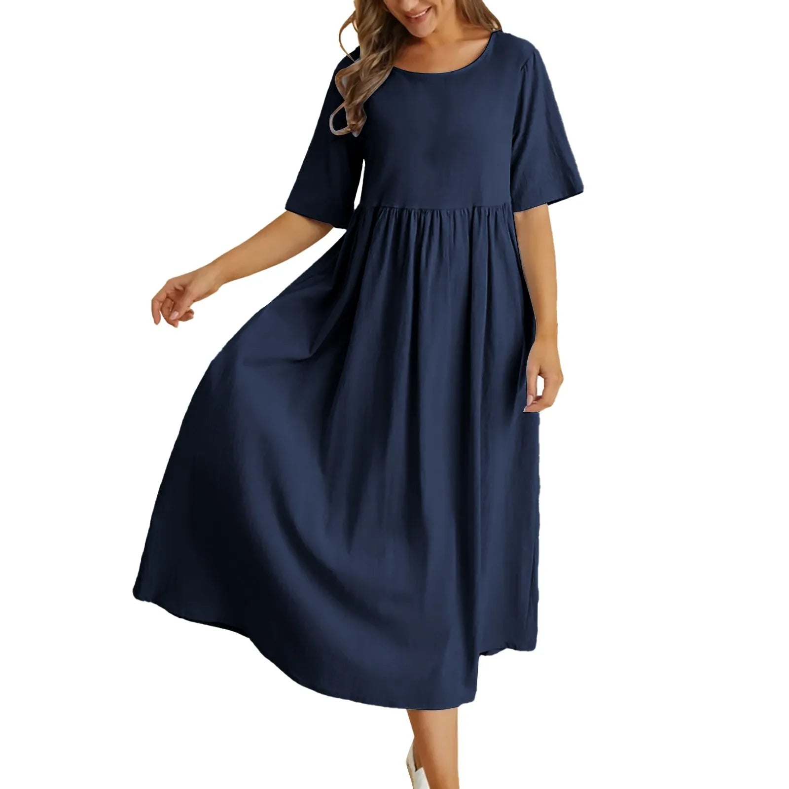 Relaxed A-Line Midi Dress with Short Sleeves and Flowy Everyday Fit