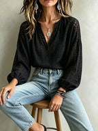Elegant Eyelet Embroidery V-Neck Blouse with Voluminous Balloon Sleeves