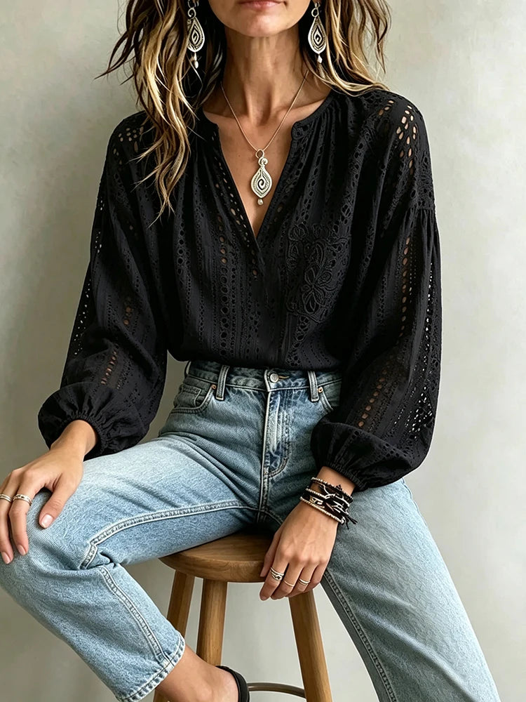 Elegant Eyelet Embroidery V-Neck Blouse with Voluminous Balloon Sleeves
