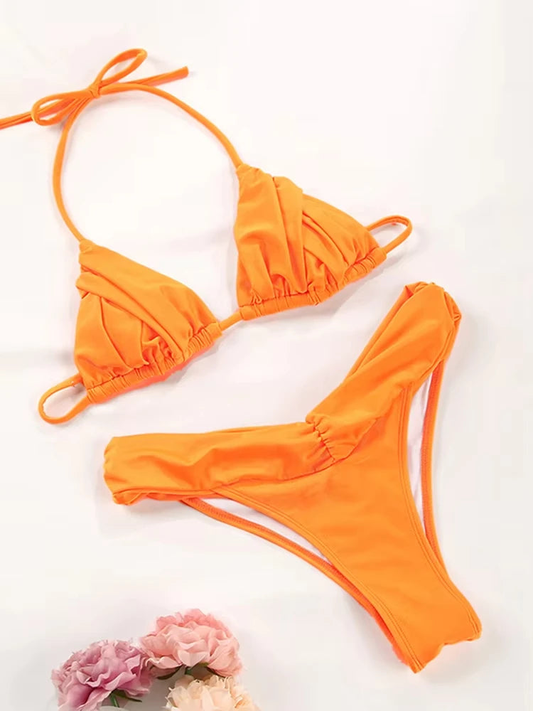Solid Black Ruched Triangle String Bikini with Gathered Detailing