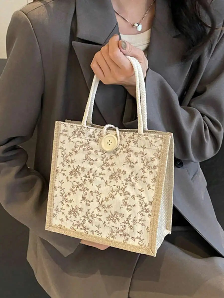 Floral Print Linen Tote Shoulder Bag with Button Closure Design