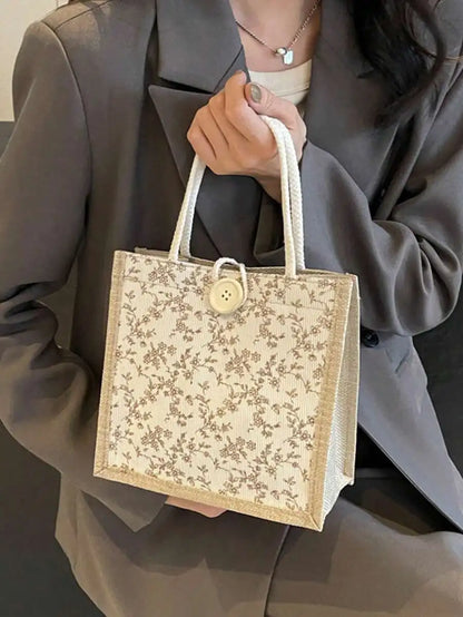 Floral Print Linen Tote Shoulder Bag with Button Closure Design