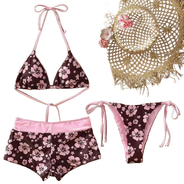 Three-Piece Floral Halter Bikini Set with Matching Swim Shorts