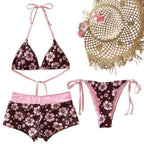 Three-Piece Floral Halter Bikini Set with Matching Swim Shorts