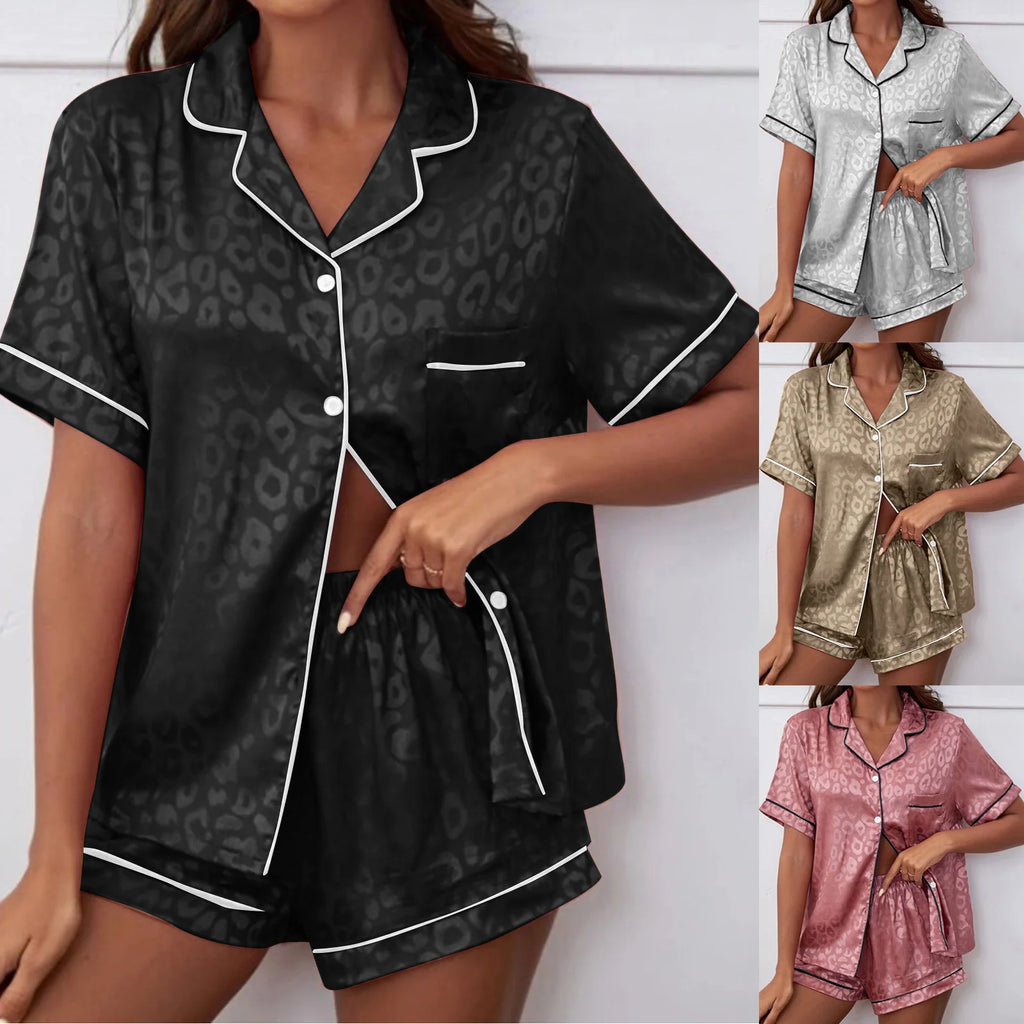 Sophisticated Subtle Leopard Print Button-Down Pajama Set with Contrast Piping