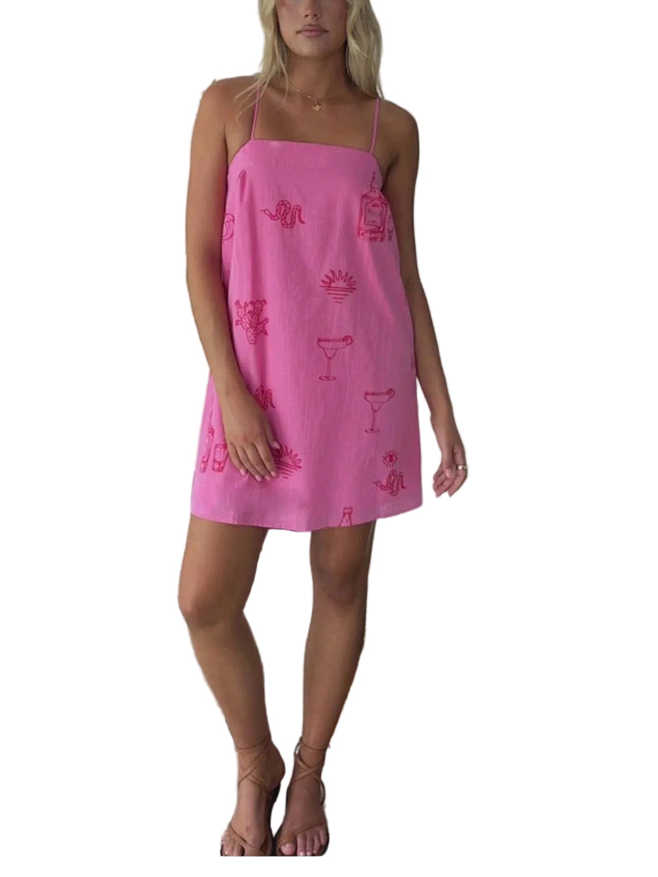 Spaghetti Strap Graphic Print A-Line Mini Dress with Relaxed Summer Silhouette