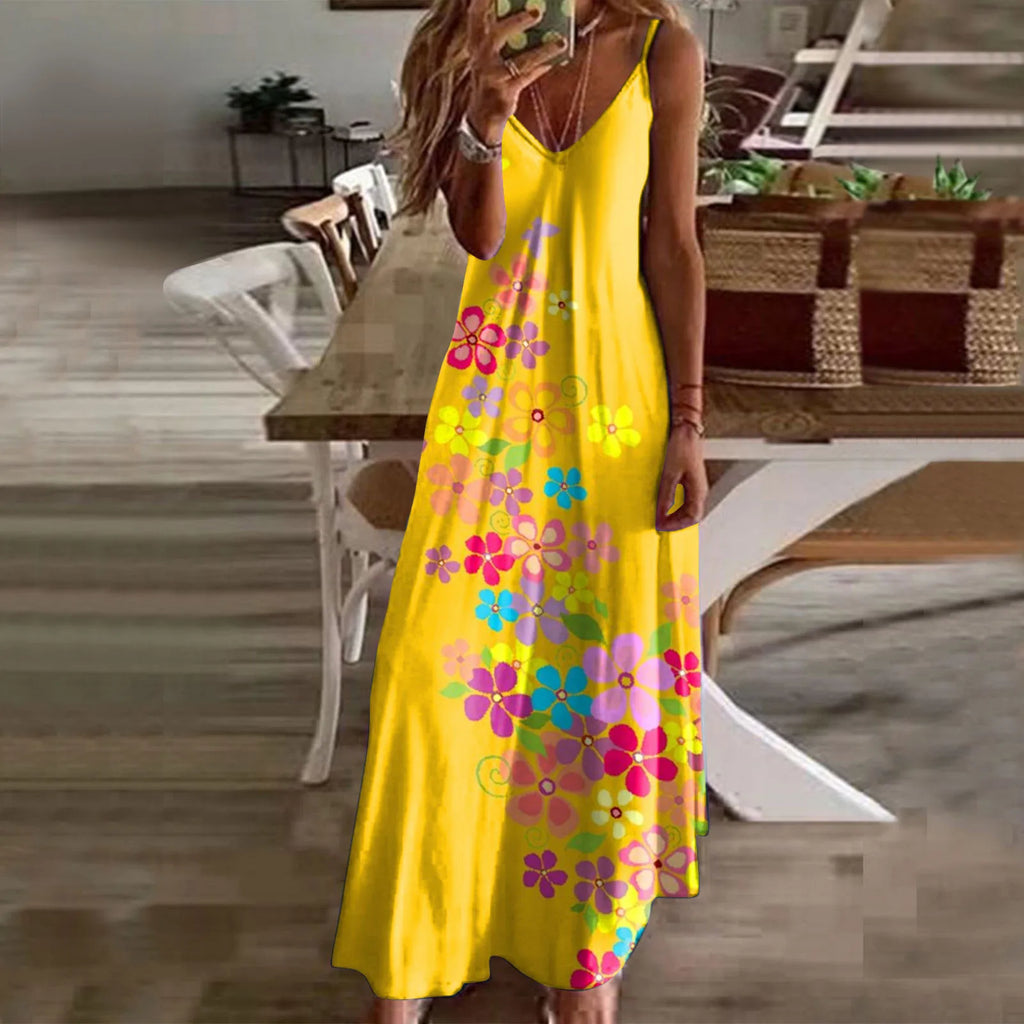 Oversized Sleeveless Maxi Dress with V Neck and Artistic Print Design