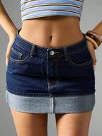 Low Rise Denim Mini Skirt with Folded Hem Pocket Detail Streetwear