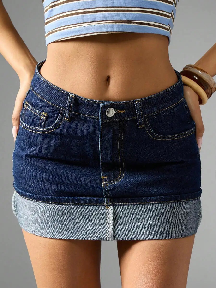 Low Rise Denim Mini Skirt with Folded Hem Pocket Detail Streetwear
