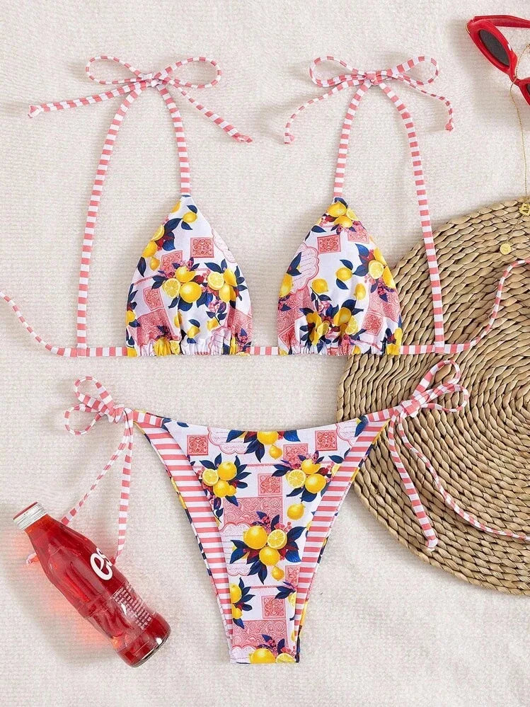 Playful Lemon and Stripe Mixed-Print Triangle Bikini Set