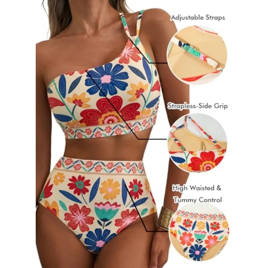 High-Waisted Floral One-Shoulder Bikini Set with Asymmetrical Top, Ruched Tummy-Control Styling and Matching Bottom