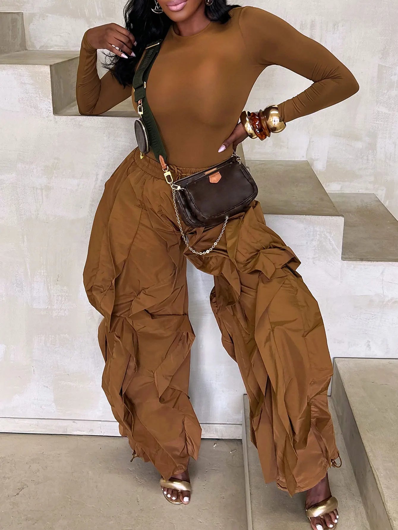 Women's High Waist Oversized Wide Leg Ruffle Detail Trousers with Drawstring Waist