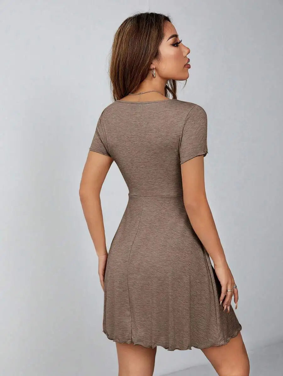 Heathered Taupe Short-Sleeve Fit and Flare Mini Dress