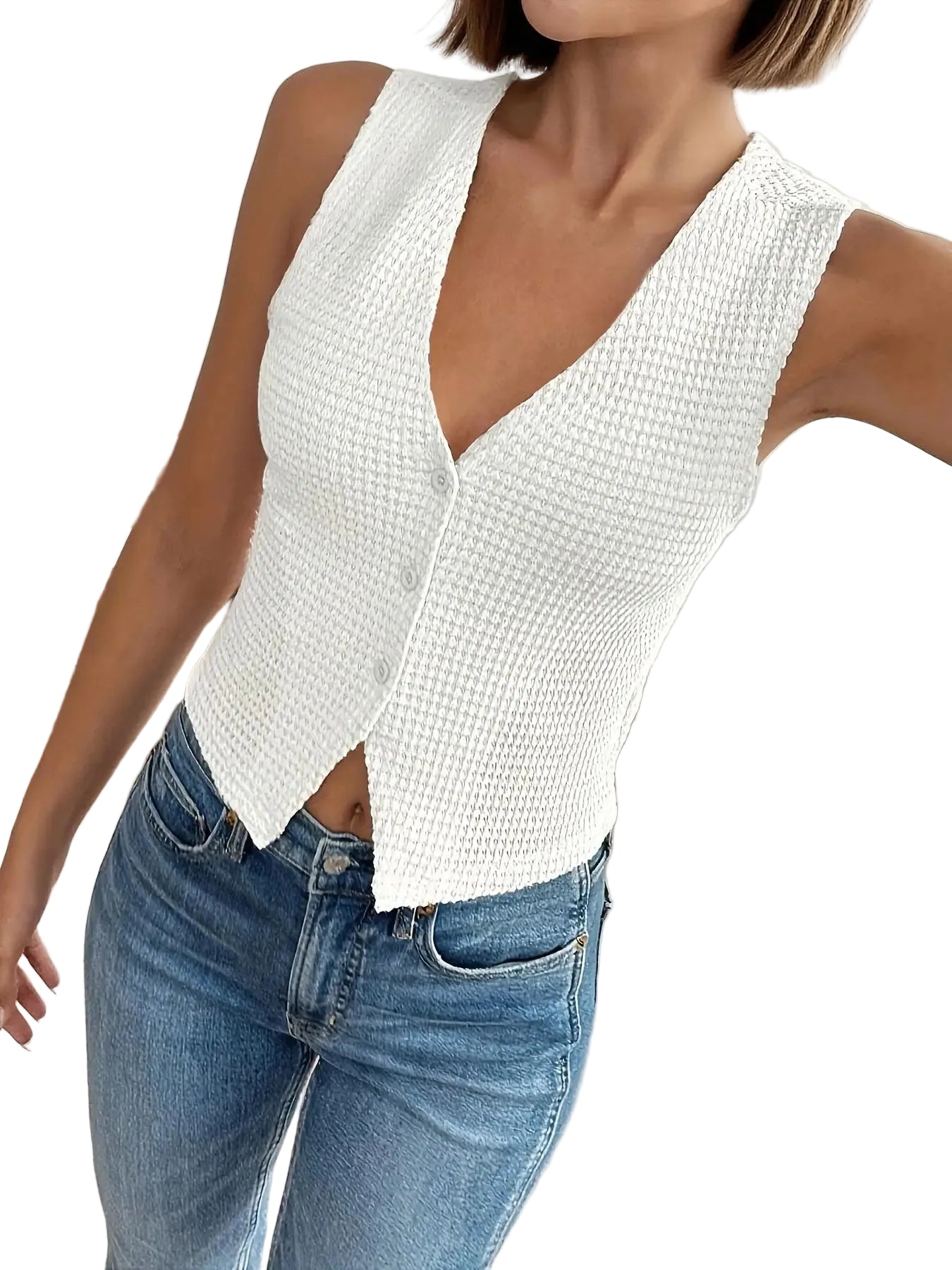 Women's Sleeveless Square Neck Textured Button Front Tank Top for Casual Everyday Layering Style