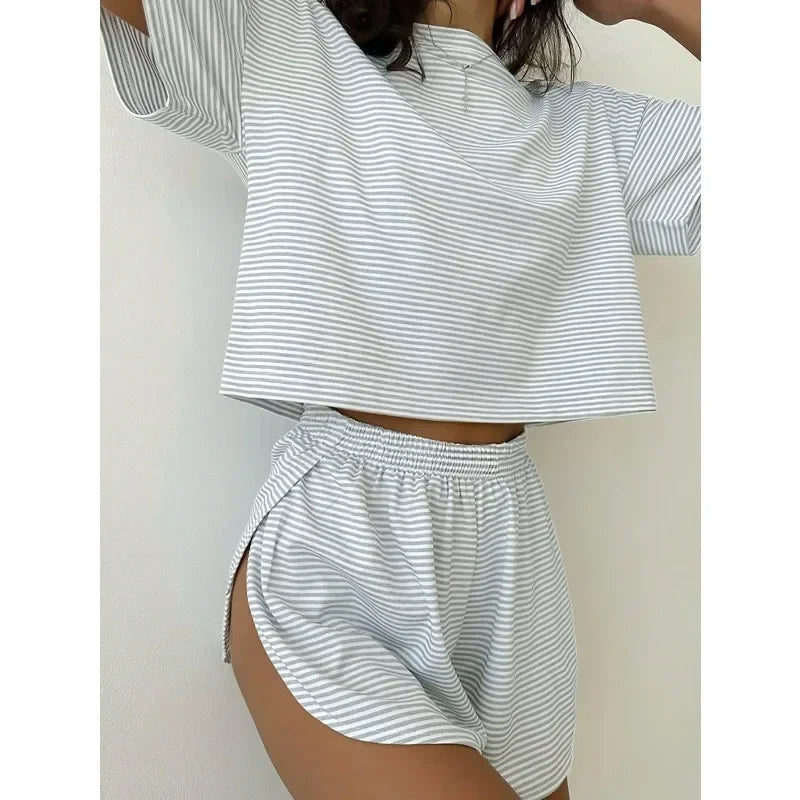 Women's Striped Knit Lounge Co-Ord Set Relaxed Top and Shorts Outfit