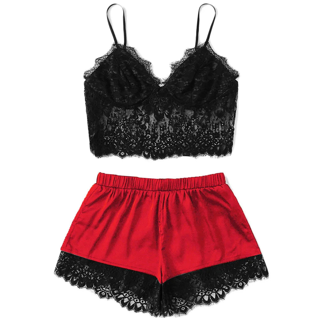 Sheer Black Lace Bralette and Jewel-Toned Satin-Finish Shorts Sleep Set