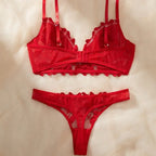 Midnight Black Sheer Floral Embroidered Unlined Bra and Thong Set
