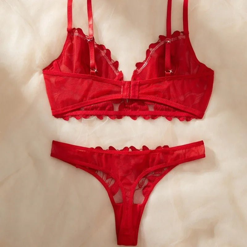Midnight Black Sheer Floral Embroidered Unlined Bra and Thong Set