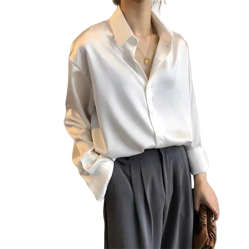 Lustrous Pearlescent White Satin-Finish Button-Down Blouse with Relaxed Drape