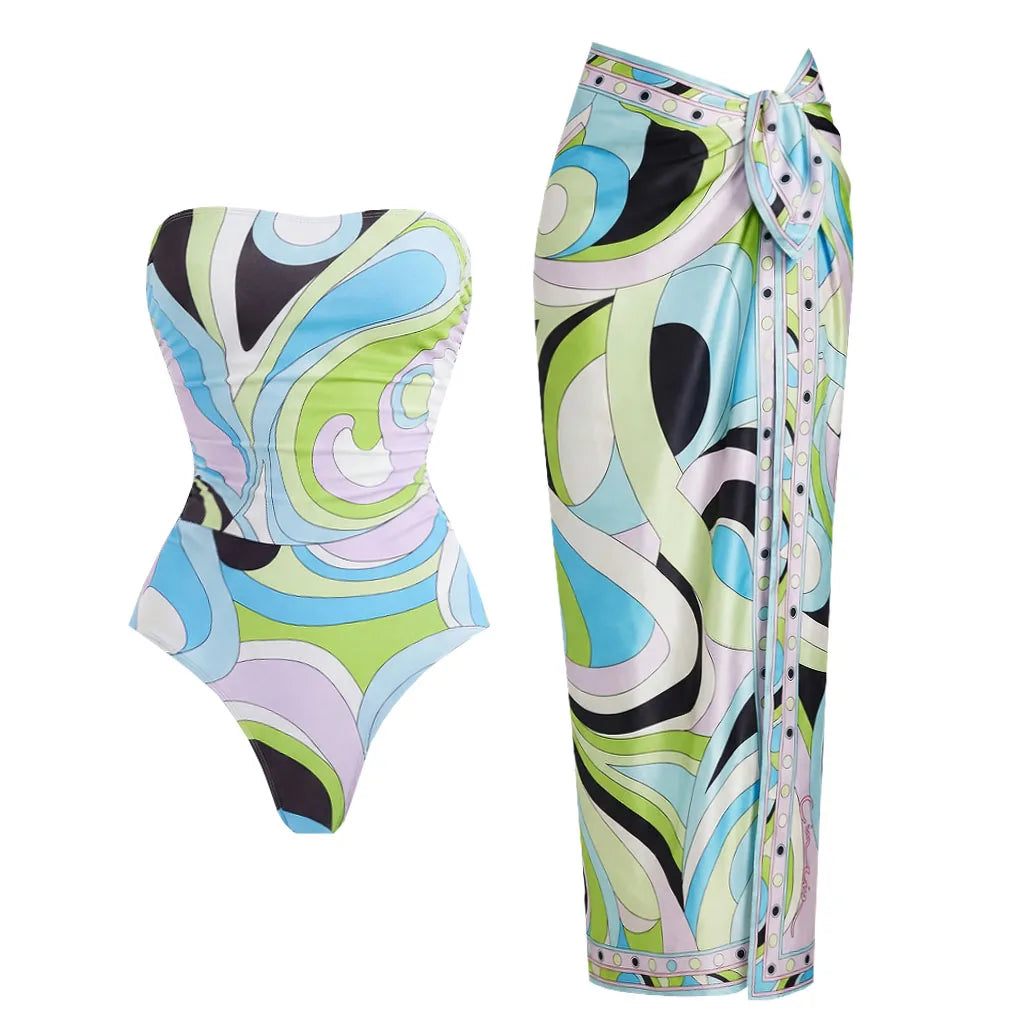 Retro Swirl Print Bandeau Swim Set with Matching Cascading Sarong