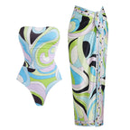Retro Swirl Print Bandeau Swim Set with Matching Cascading Sarong