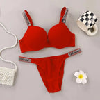 Embossed Lace Texture Push-Up Bra and Matching Crystal Strap Thong Set
