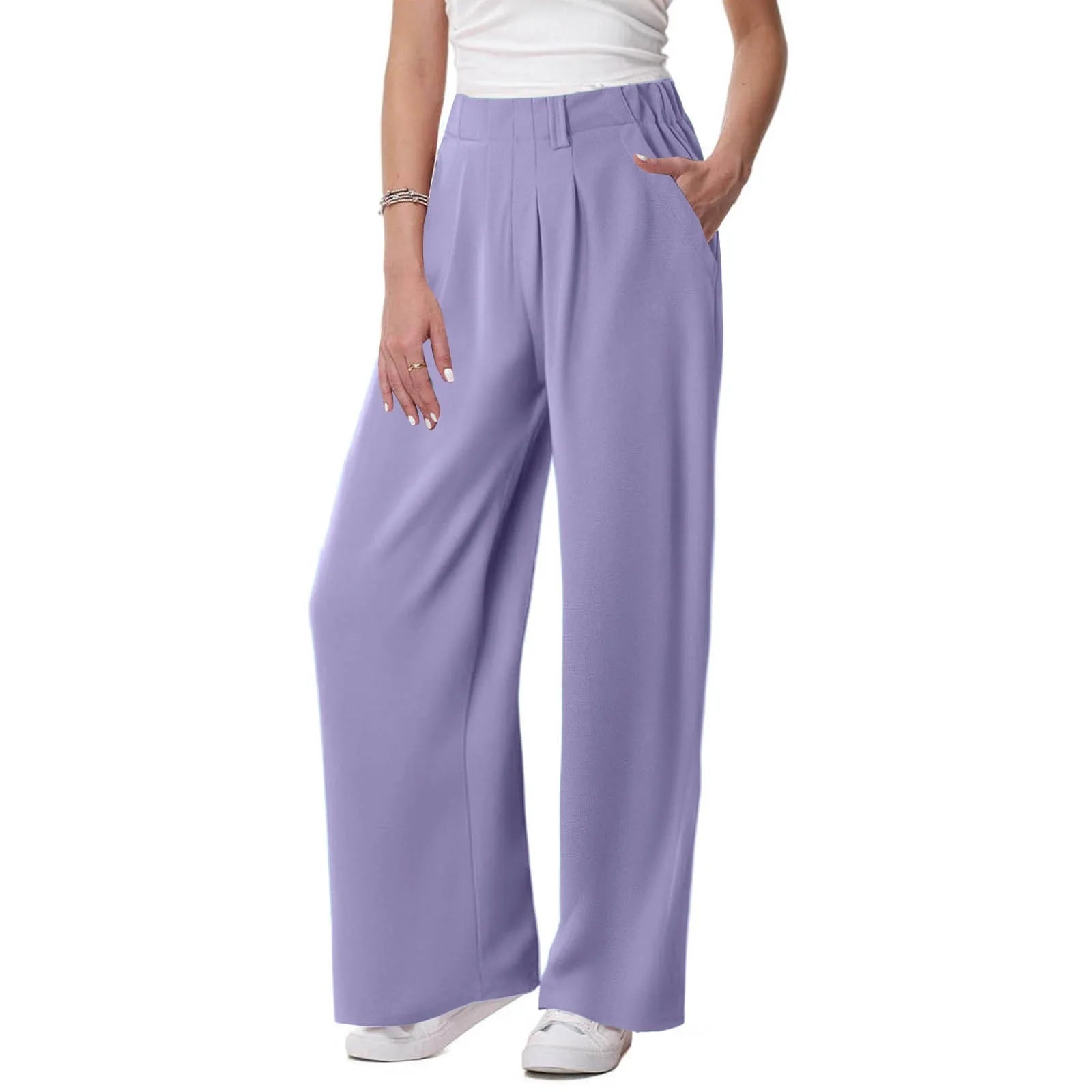 Women's Low Rise Loose Palazzo Pants with Pleated Front and Pocket Casual Streetwear Style