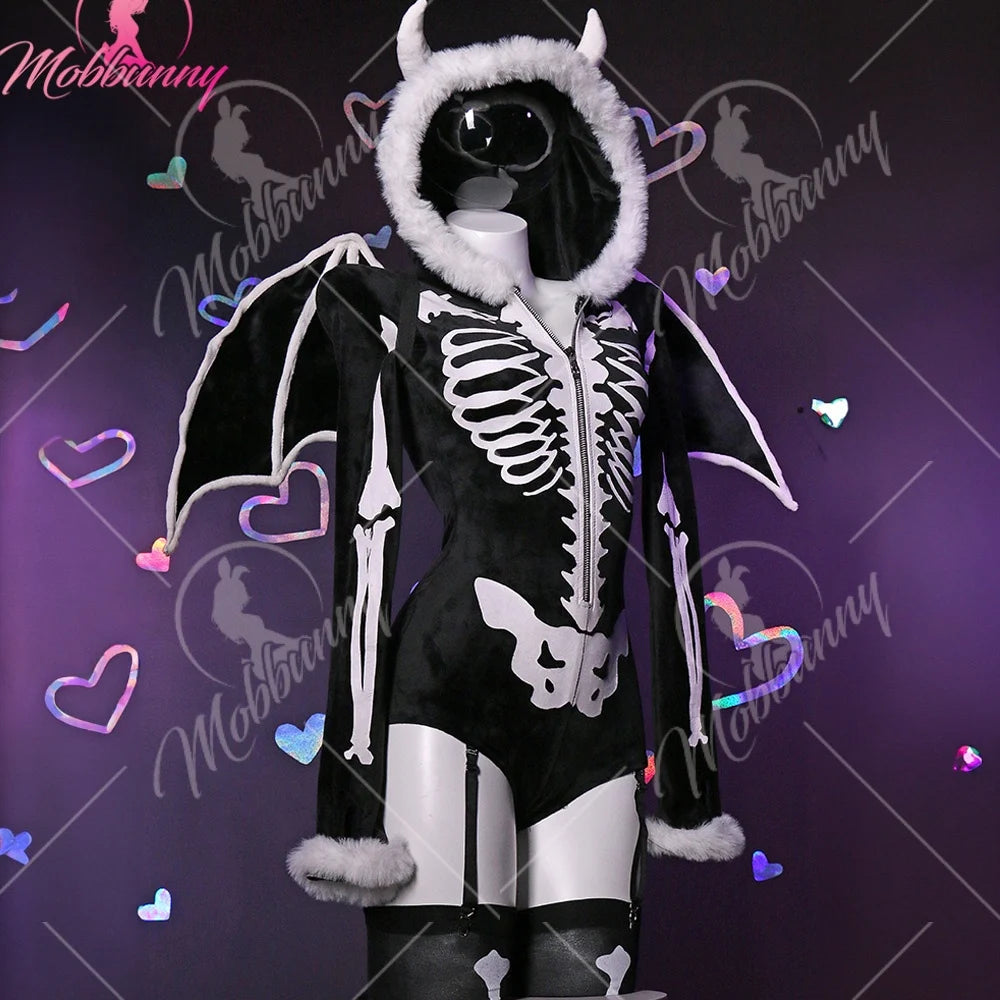 Women's Contemporary Graphic Print Hooded Bodysuit With Detachable Wings And Matching Layered Hosiery