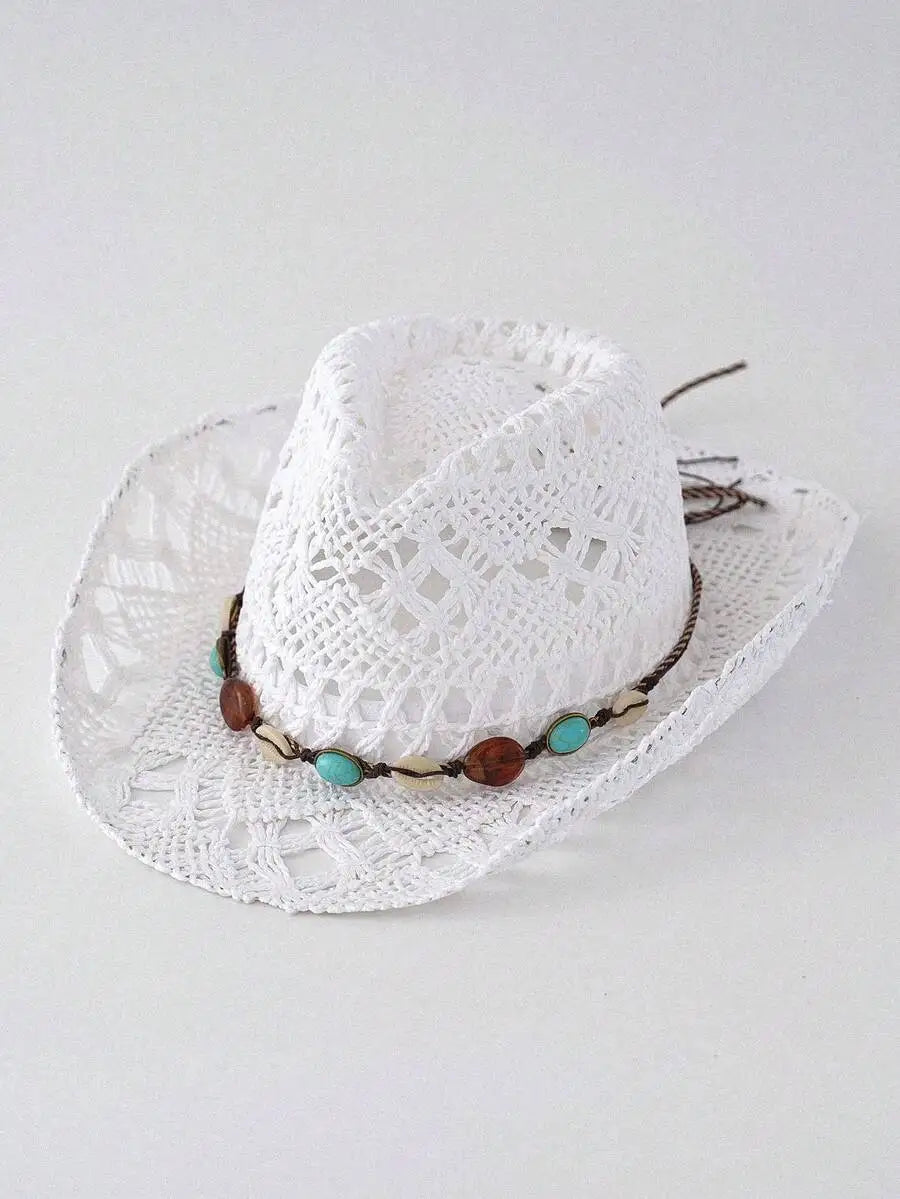 Hollow Woven Straw Cowboy Hat with Decorative Beaded Band for Outdoor Summer Adventures