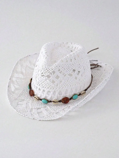 Hollow Woven Straw Cowboy Hat with Decorative Beaded Band for Outdoor Summer Adventures