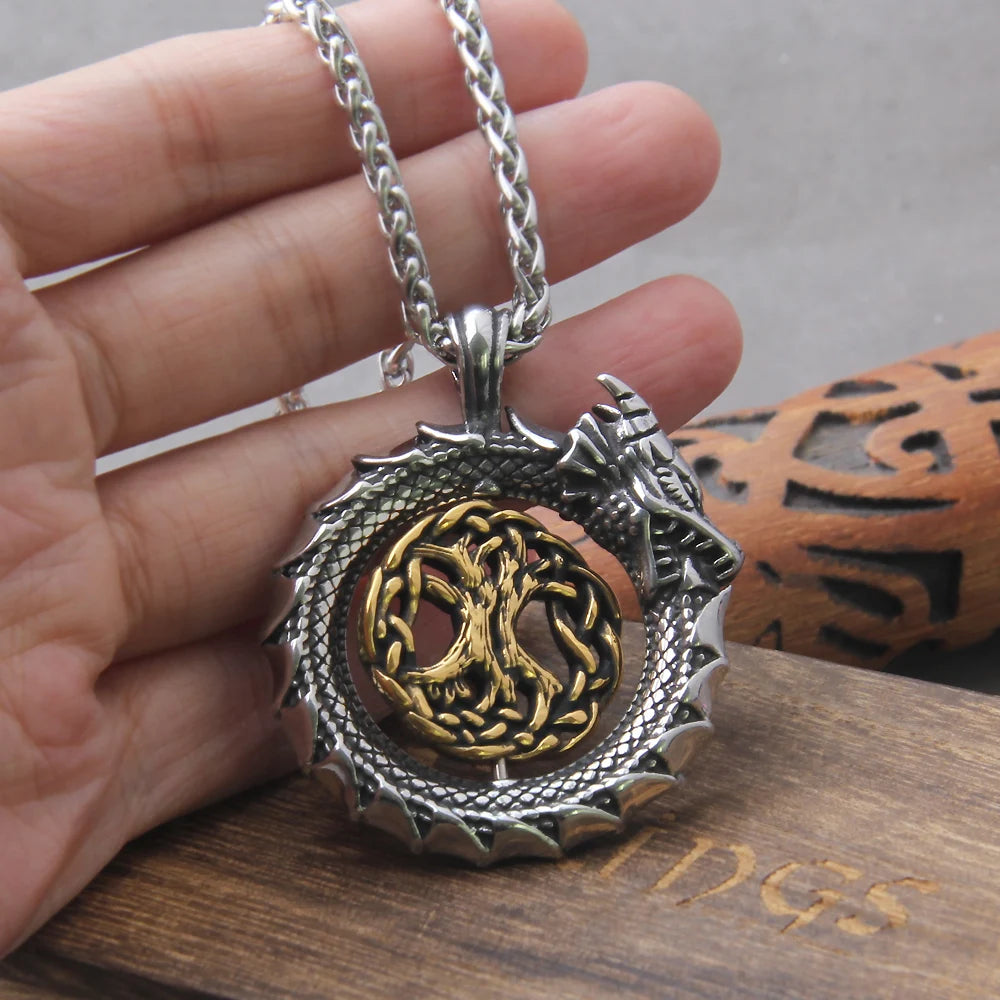 Ouroboros Tree Symbol Pendant Necklace with Mystical Alternative Statement Design